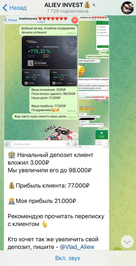 Отчет о прибыли на канале Aliev Invest