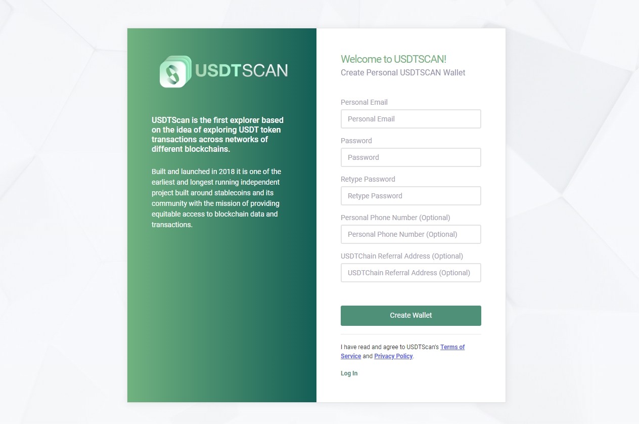 Регистрация на проекте USDT SCAN